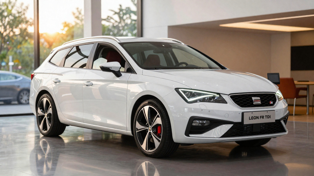 Carro SEAT Leon FR TDI branco, estacionado num interior moderno com grandes janelas e iluminação natural.