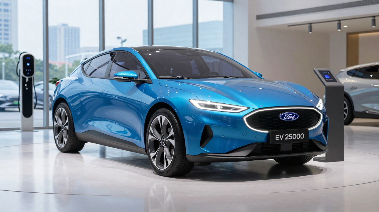 Carro elétrico azul Ford EV 25000 estacionado em espaço interior moderno com carregadores elétricos visíveis.