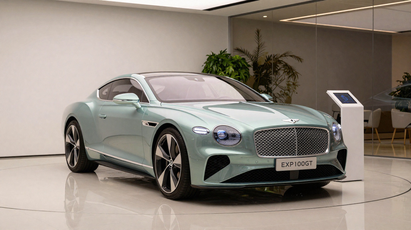 Automóvel desportivo Bentley EXP 100 GT verde em exposição numa sala moderna e iluminada.