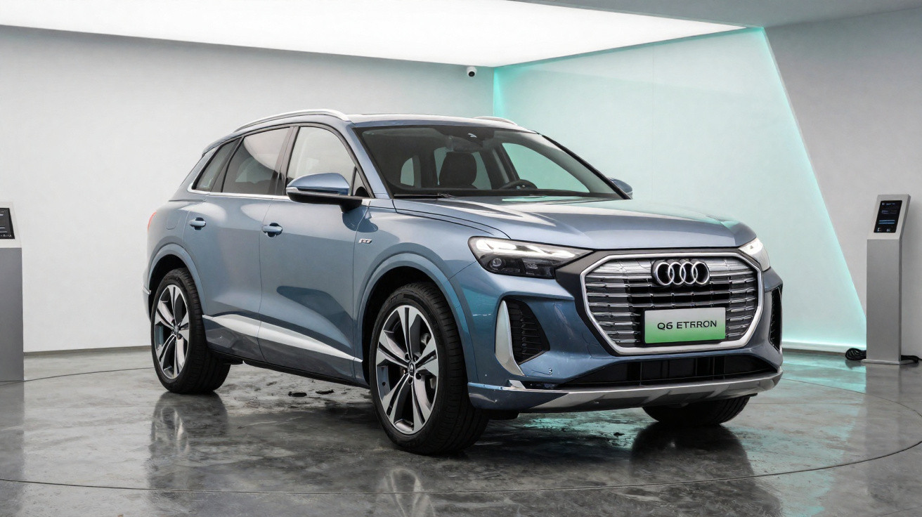 SUV elétrico Audi Q6 E-tron azul estacionado em exposição em ambiente moderno e minimalista.