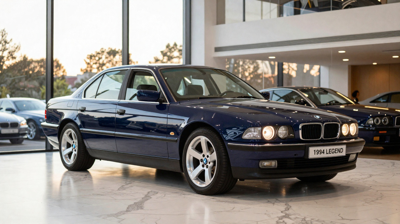 Automóvel BMW 1994 azul escuro com faróis dianteiros ligados em showroom moderno.