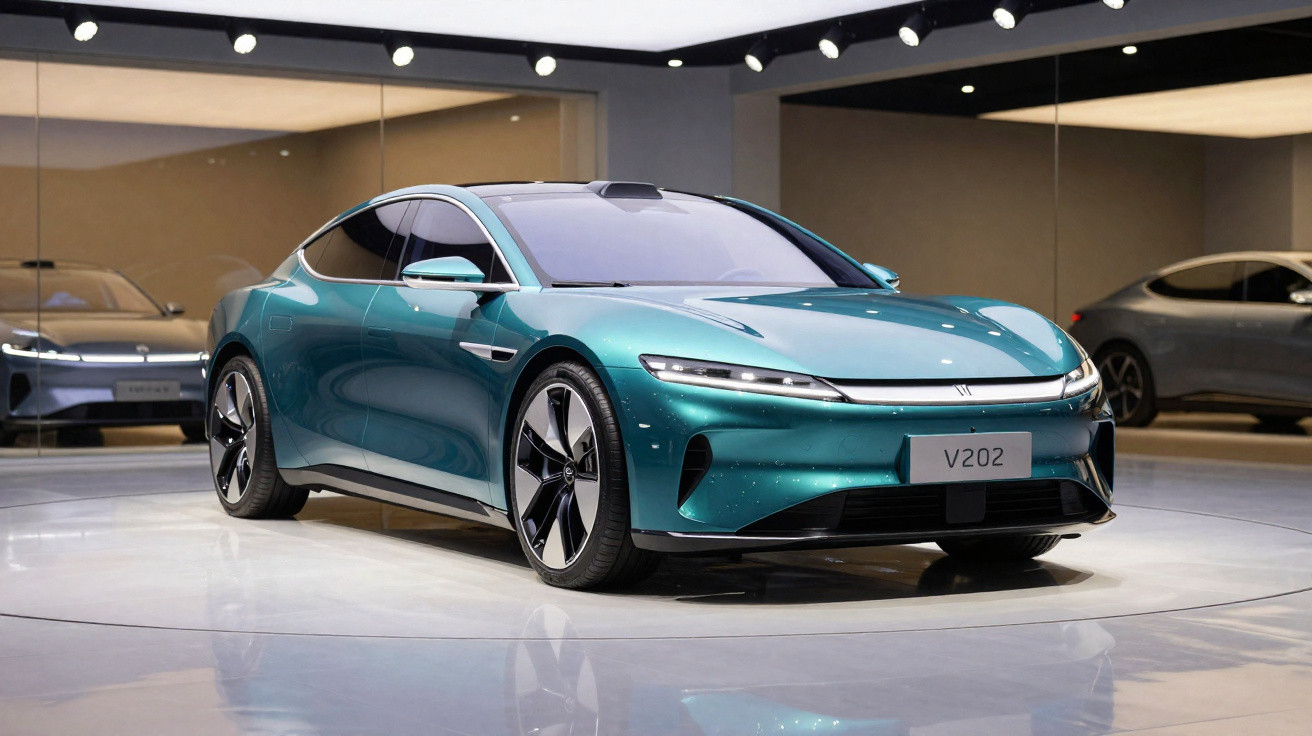 Carro eléctrico desportivo azul turquesa em exposição numa sala moderna com espelhos.