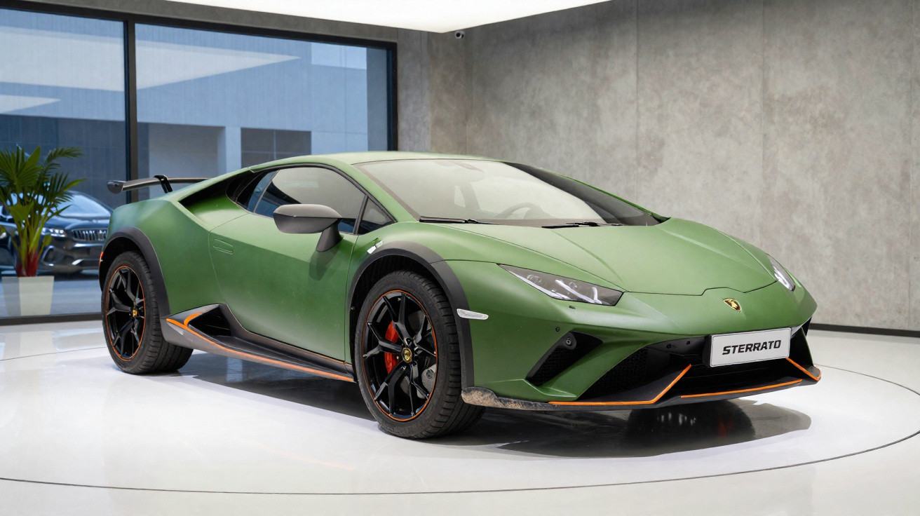 Carro desportivo Lamborghini Sterrato verde com detalhes laranja, em exposição num espaço interior moderno.