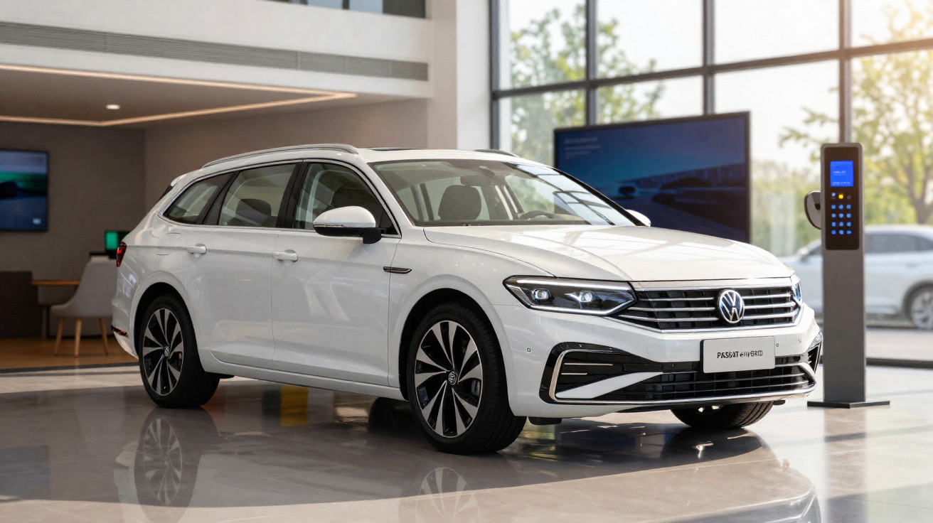 Automóvel eléctrico Volkswagen Passat Variant branco exposto em showroom moderno e luminoso.