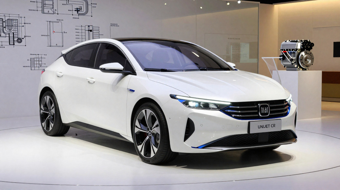 Carro elétrico branco em exposição num salão automóvel com esquemas técnicos na parede.