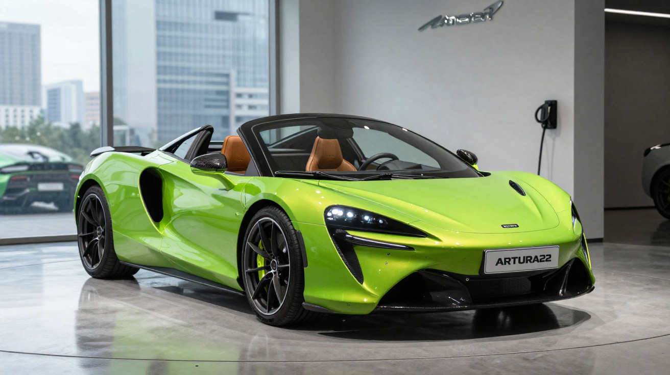 Carro desportivo descapotável verde com interior castanho num showroom moderno.