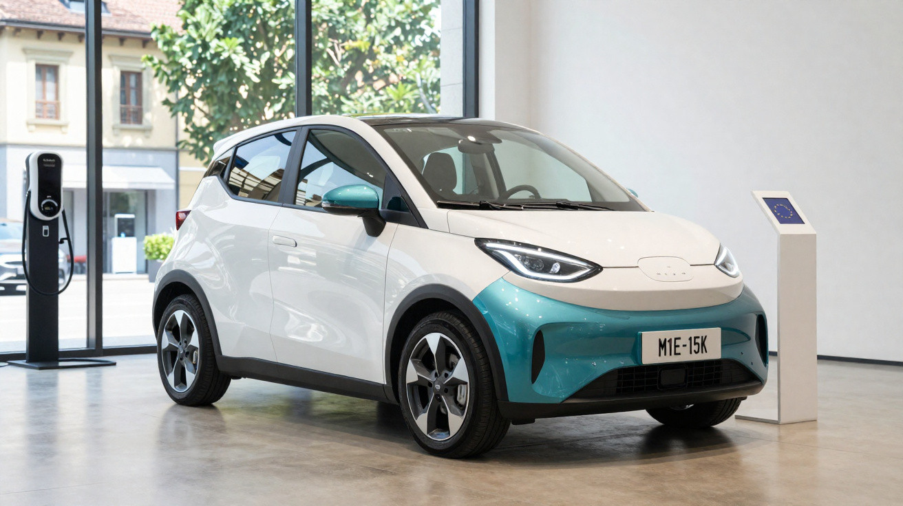 Carro eléctrico branco e azul estacionado em interior moderno com carregador elétrico ao lado.
