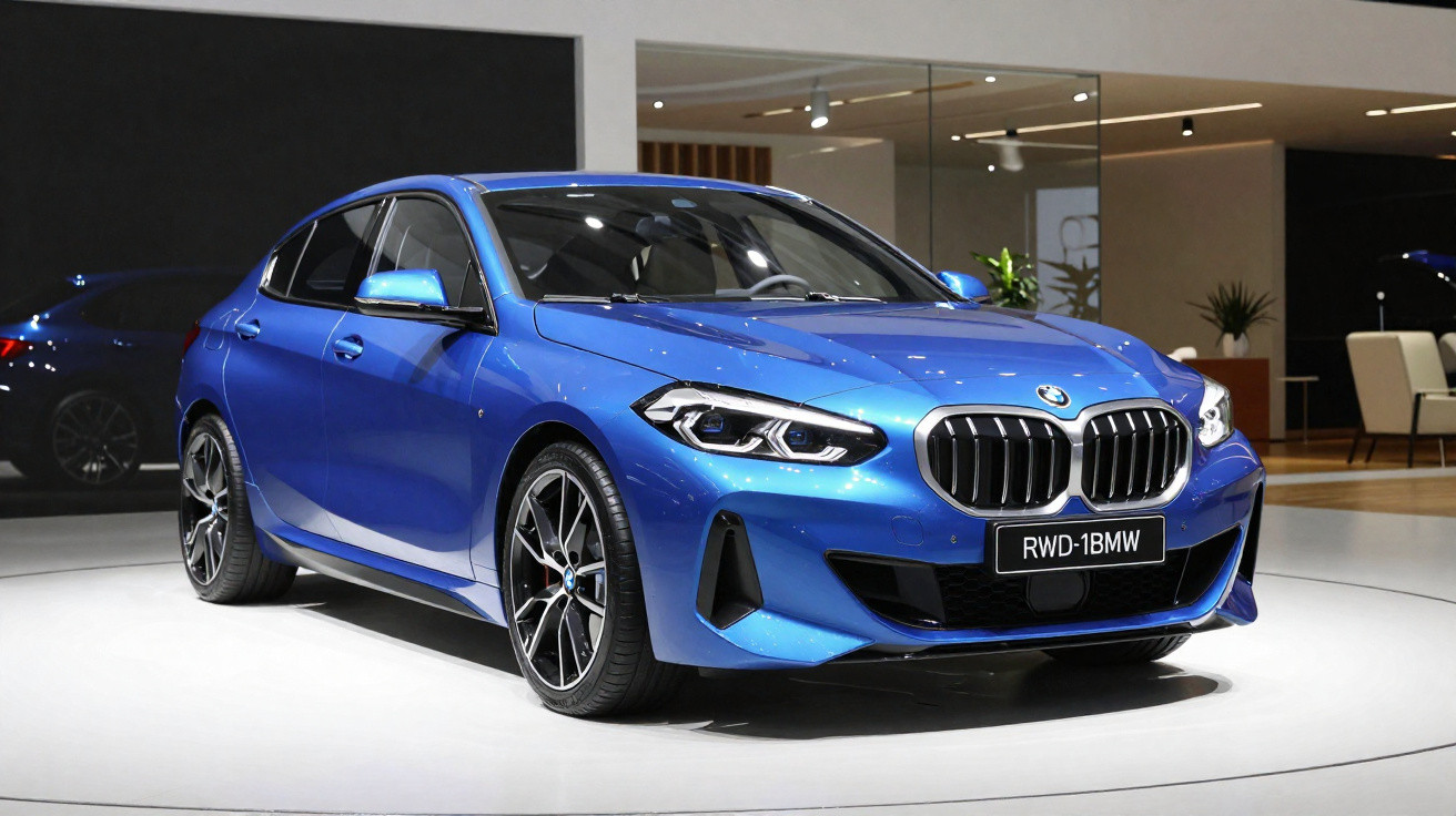 Carro BMW azul desportivo estacionado em exposição interior com iluminação brilhante.