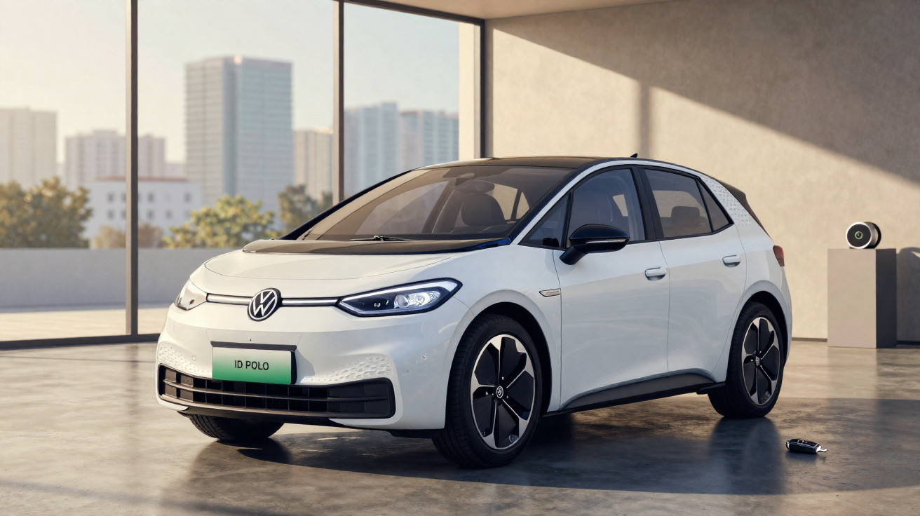 Carro elétrico branco Volkswagen ID Polo estacionado em espaço interior moderno com janelas grandes.