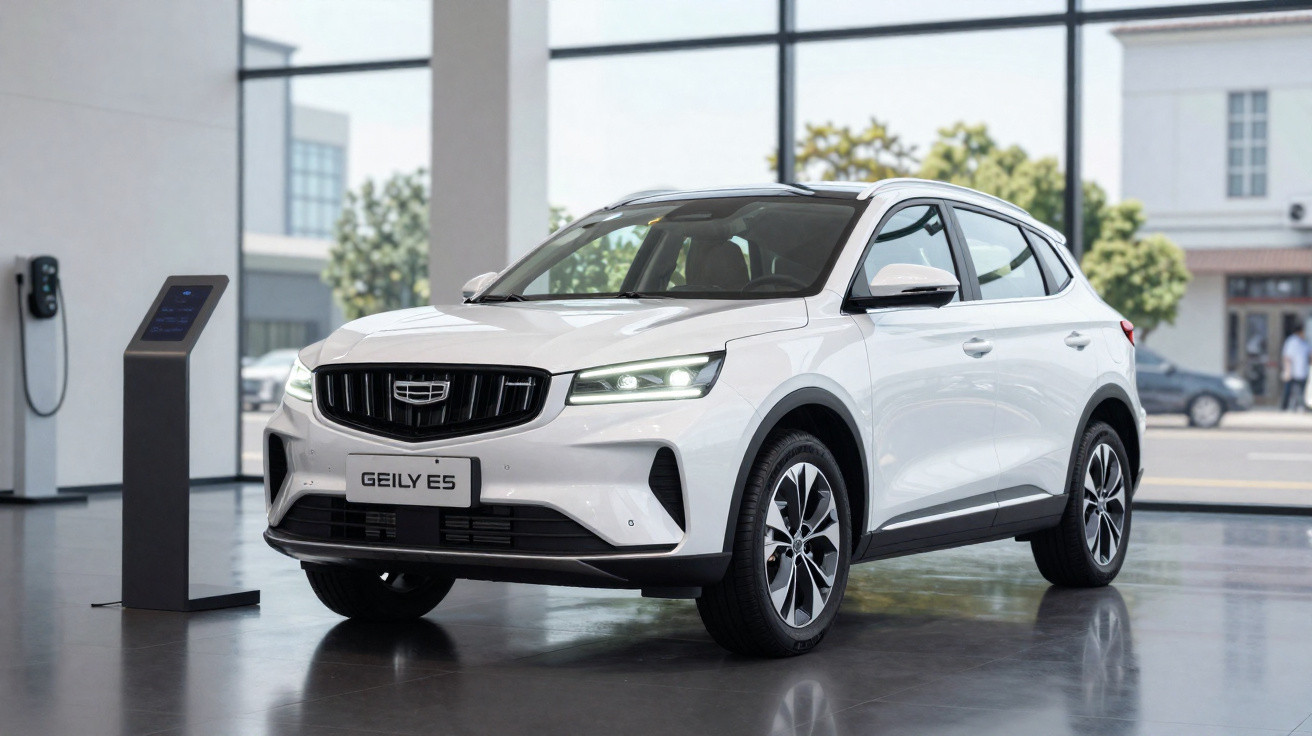 Carro elétrico branco Geely E5 estacionado em interior com estação de carregamento ao lado.