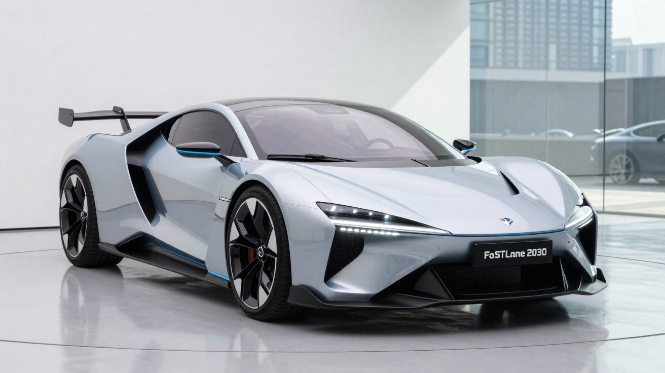 Carro desportivo elétrico cinza prata FaSTLane 2030 com design aerodinâmico e rodas pretas em exposição interior.