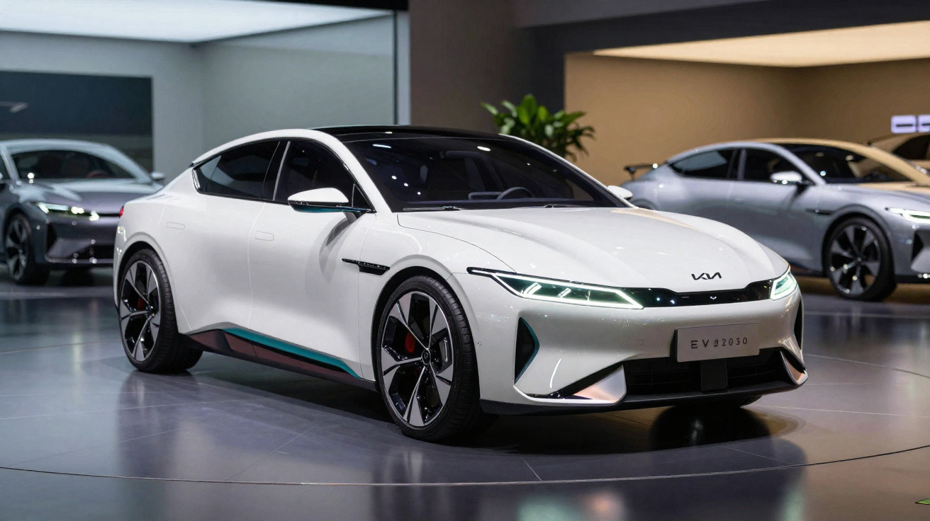 Carro elétrico branco Kia EV6 exposto em salão moderno com iluminação elegante e outros veículos ao fundo.