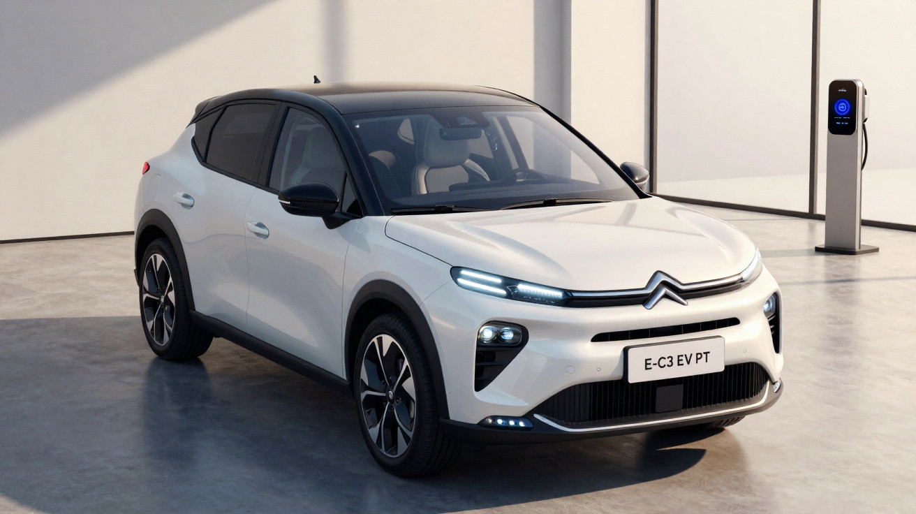 Carro elétrico Citroën E-C3 branco à frente numa estação de carregamento interior moderna.