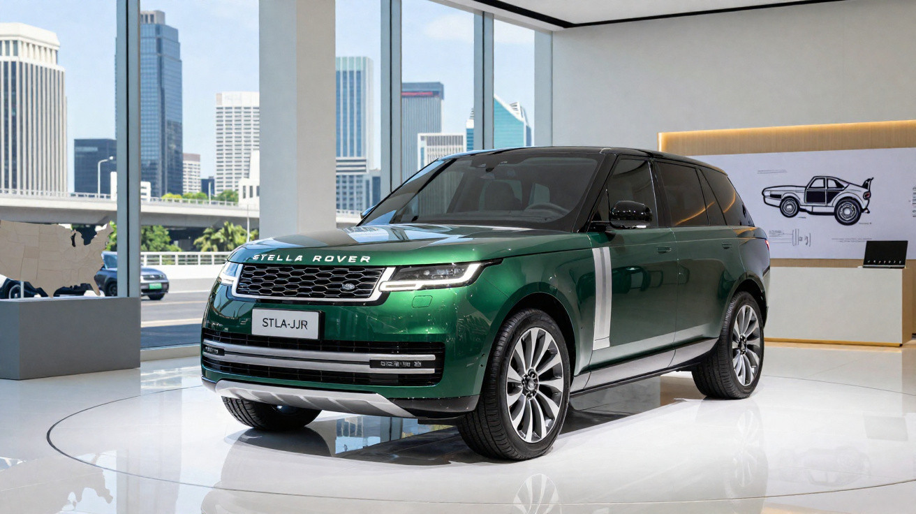 Carro SUV verde Stella Rover exposto em salão com grandes janelas e edifícios ao fundo.