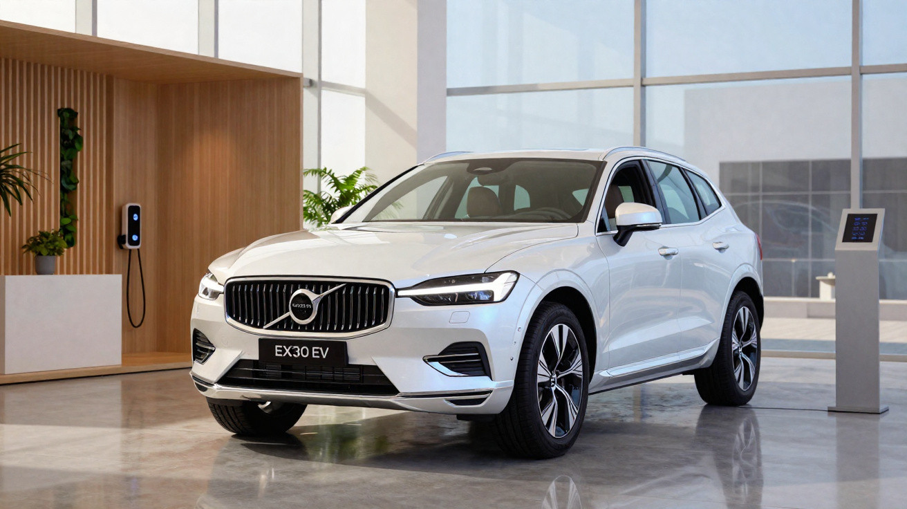 Volvo EX30 EV branco estacionado numa sala moderna com carregador elétrico na parede.