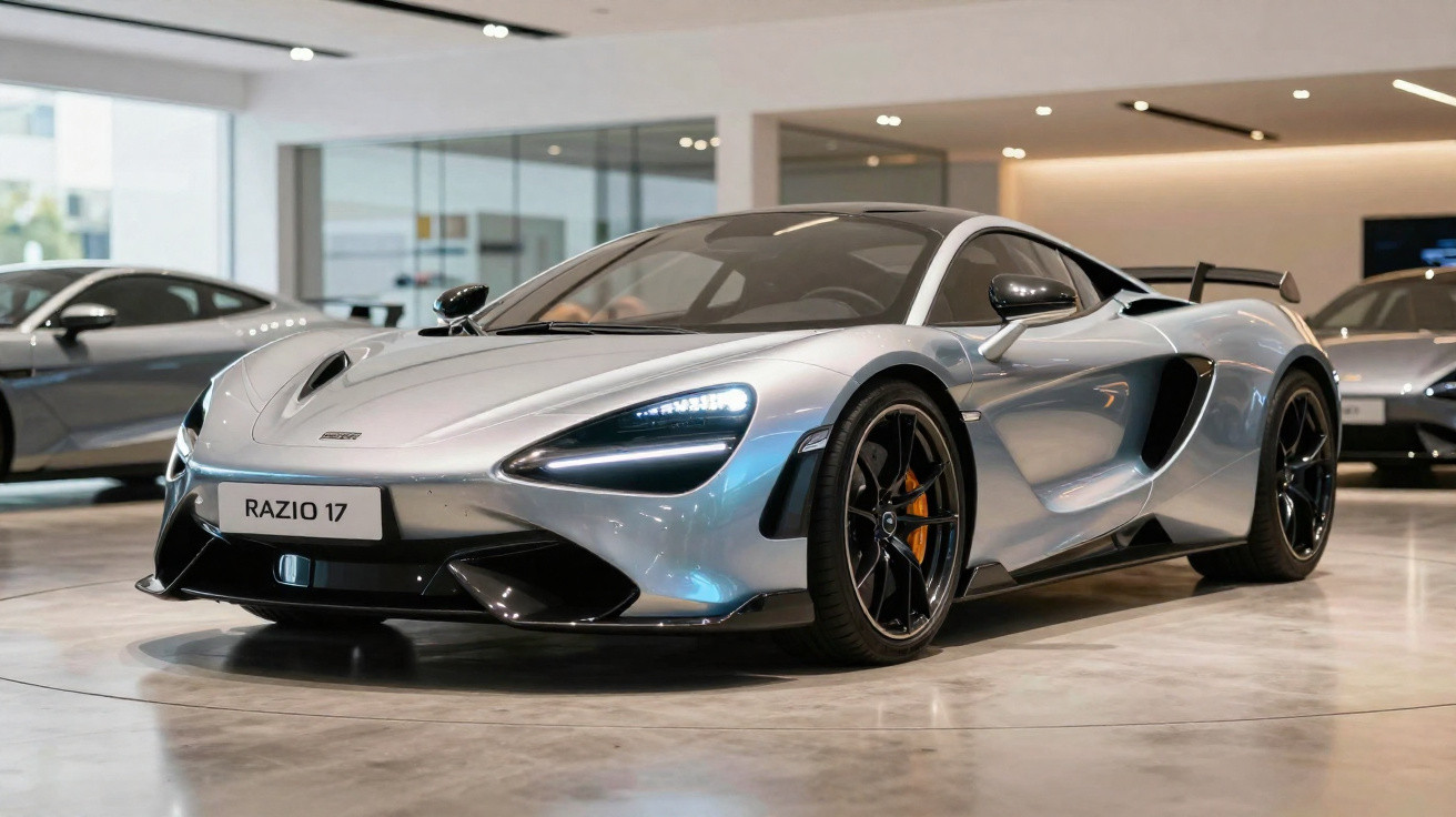 Carro desportivo prateado estacionado em showroom moderno com luzes LED e jantes pretas de liga leve.