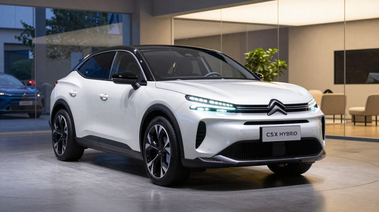 Carro Citroën C5 X Hybrid branco estacionado em showroom moderno com janelas grandes.