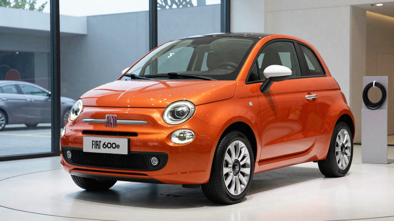 Fiat 600e elétrico compacto de cor laranja exposto num salão moderno e iluminado.