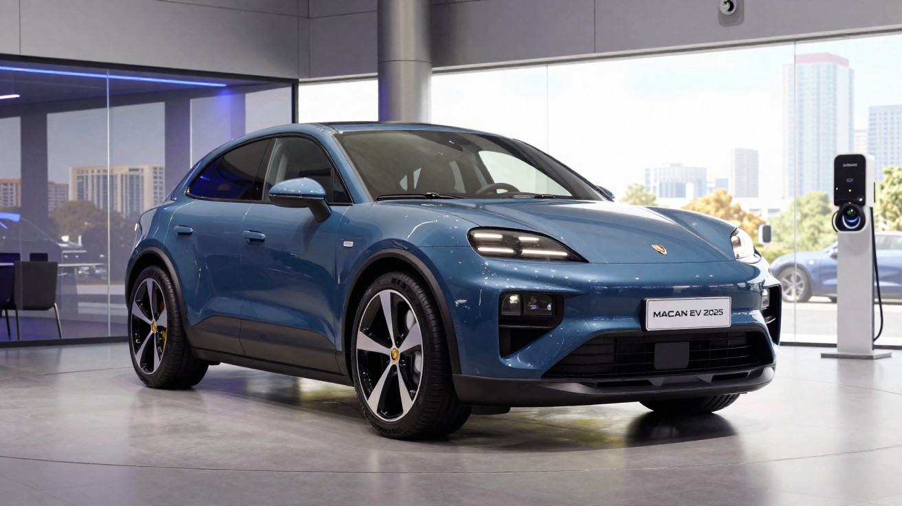 Carro elétrico Porsche Macan EV 2025 azul exposto em showroom moderno com carregador elétrico ao lado.
