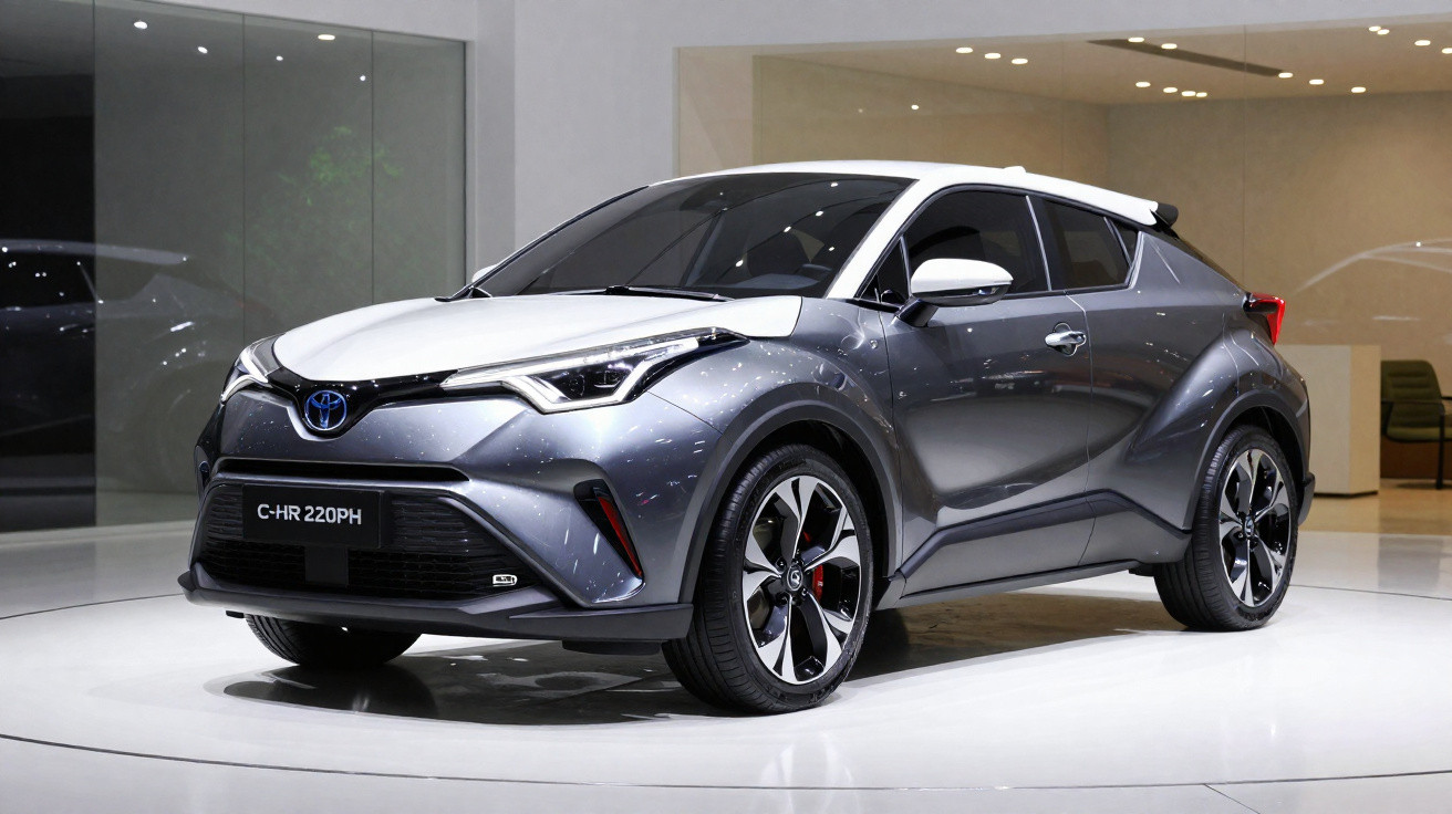 Automóvel Toyota C-HR 220PH cinza metalizado com tejadilho branco, em exposição num showroom moderno.