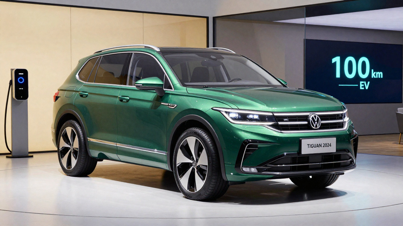 Carro SUV eléctrico Volkswagen Tiguan 2024 verde a carregar numa estação de carregamento interior.