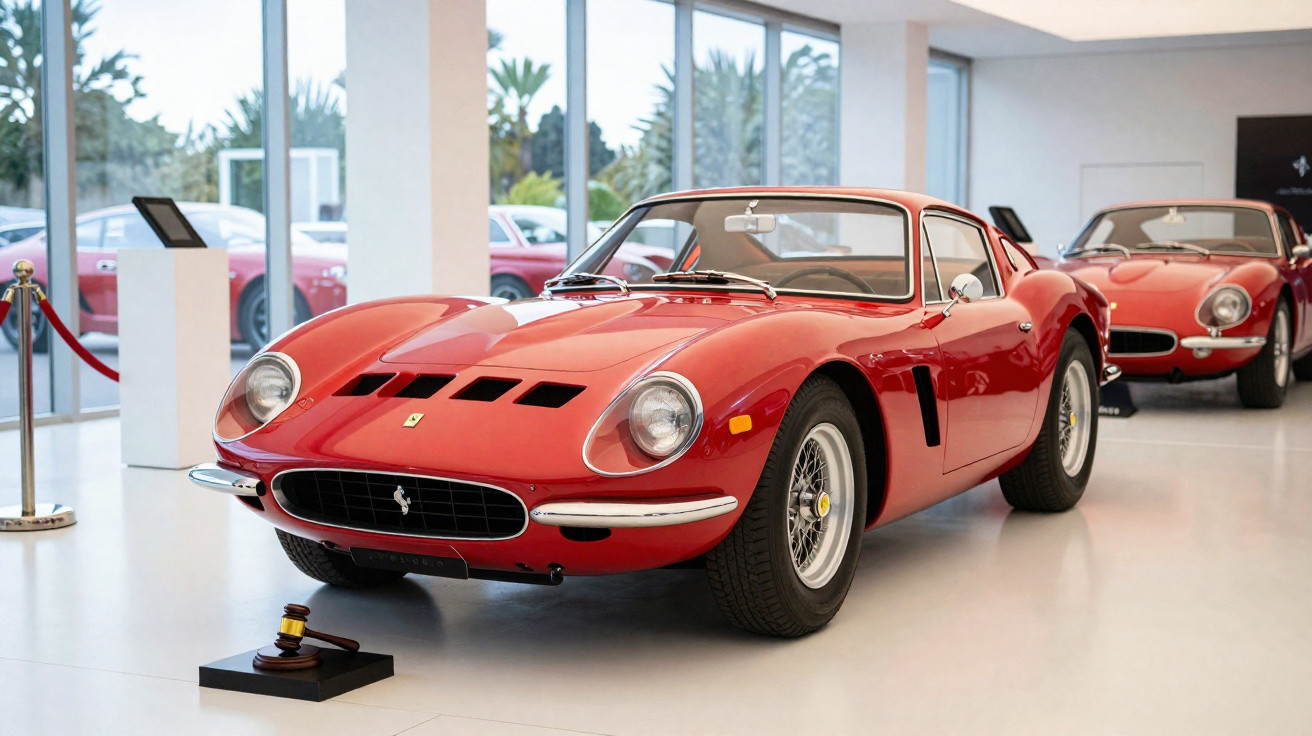 Carro desportivo clássico vermelho em exposição num espaço interior moderno e luminoso.