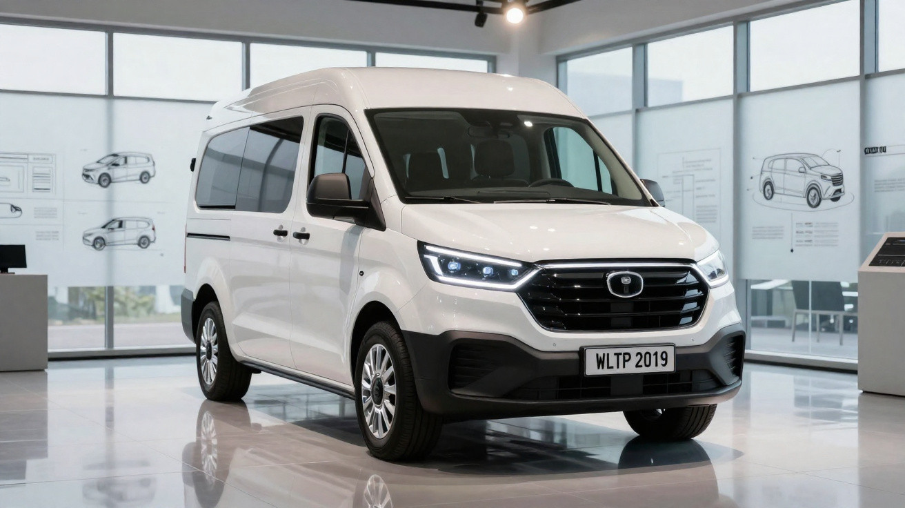 Carrinha branca moderna com faróis LED exposta em showroom com janelas grandes e luz natural.
