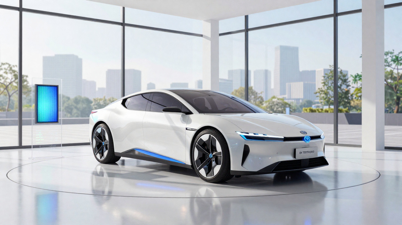 Carro elétrico branco futurista em exposição numa sala com grandes janelas e vista urbana.