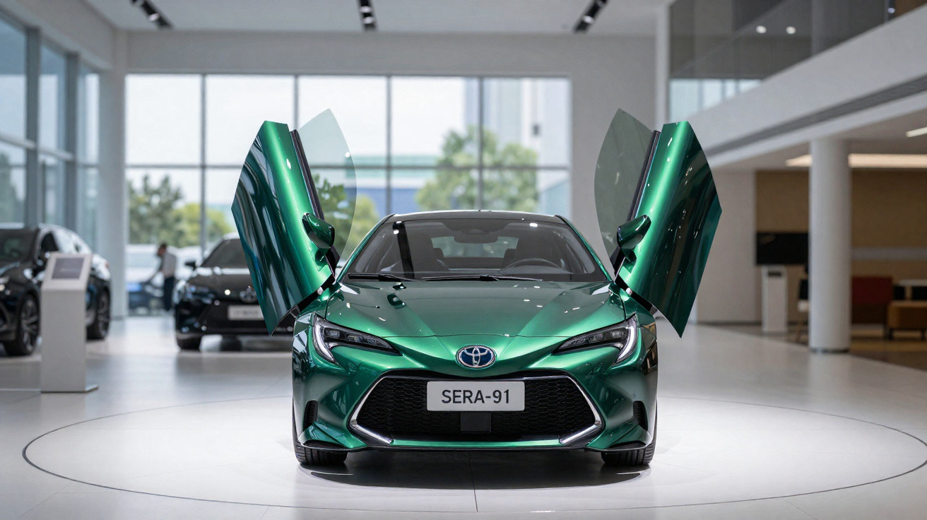 Carro desportivo Toyota verde com portas abertas para cima numa exposição moderna e luminosa.