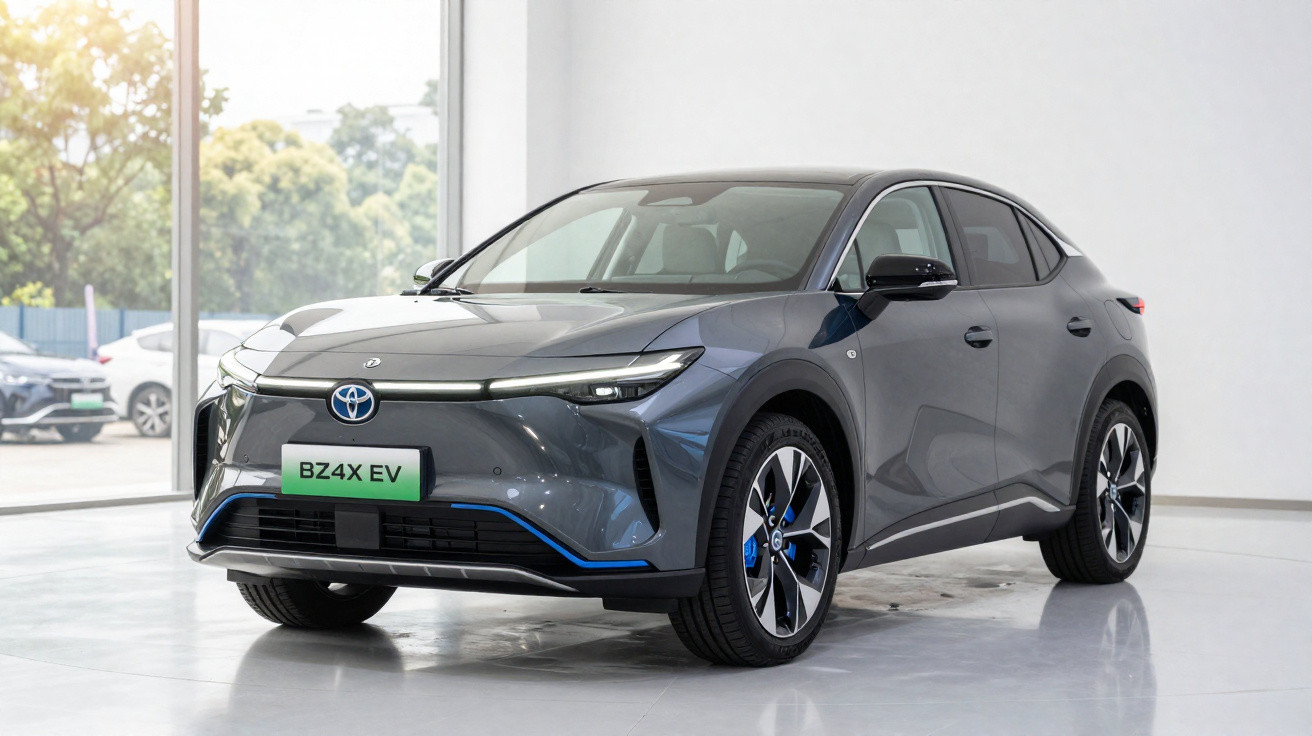 Toyota BZ4X EV cinzento estacionado em interior com jantes pretas e detalhes azuis.