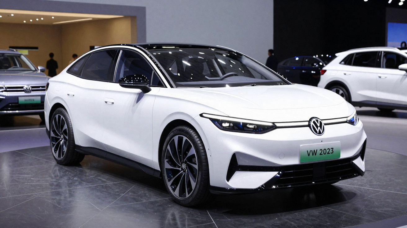 Carro elétrico Volkswagen VW 2023 branco exposto em salão automóvel, vista frontal lateral.