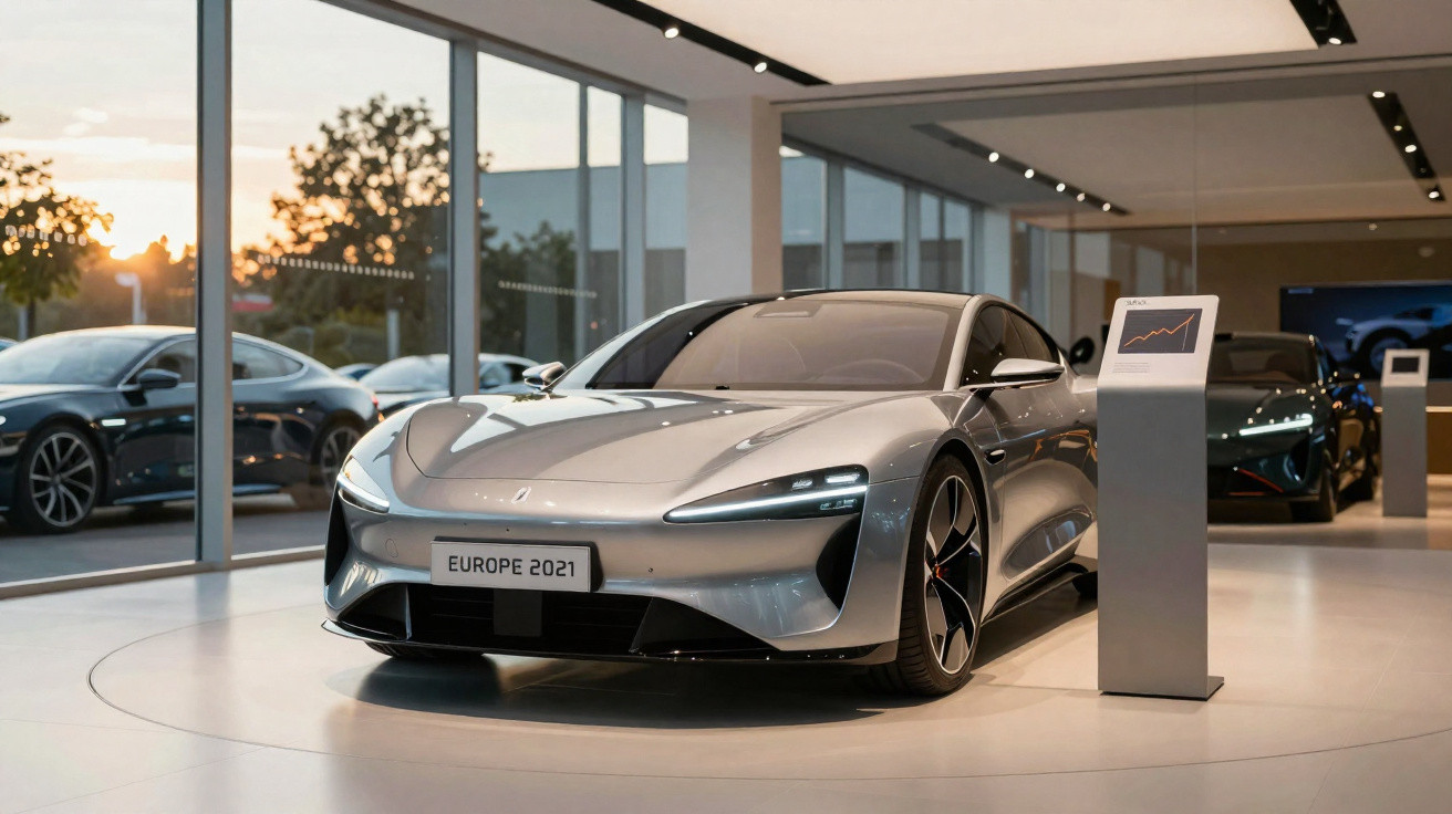 Carro desportivo elétrico prateado em exposição numa sala moderna com grandes janelas ao pôr do sol.