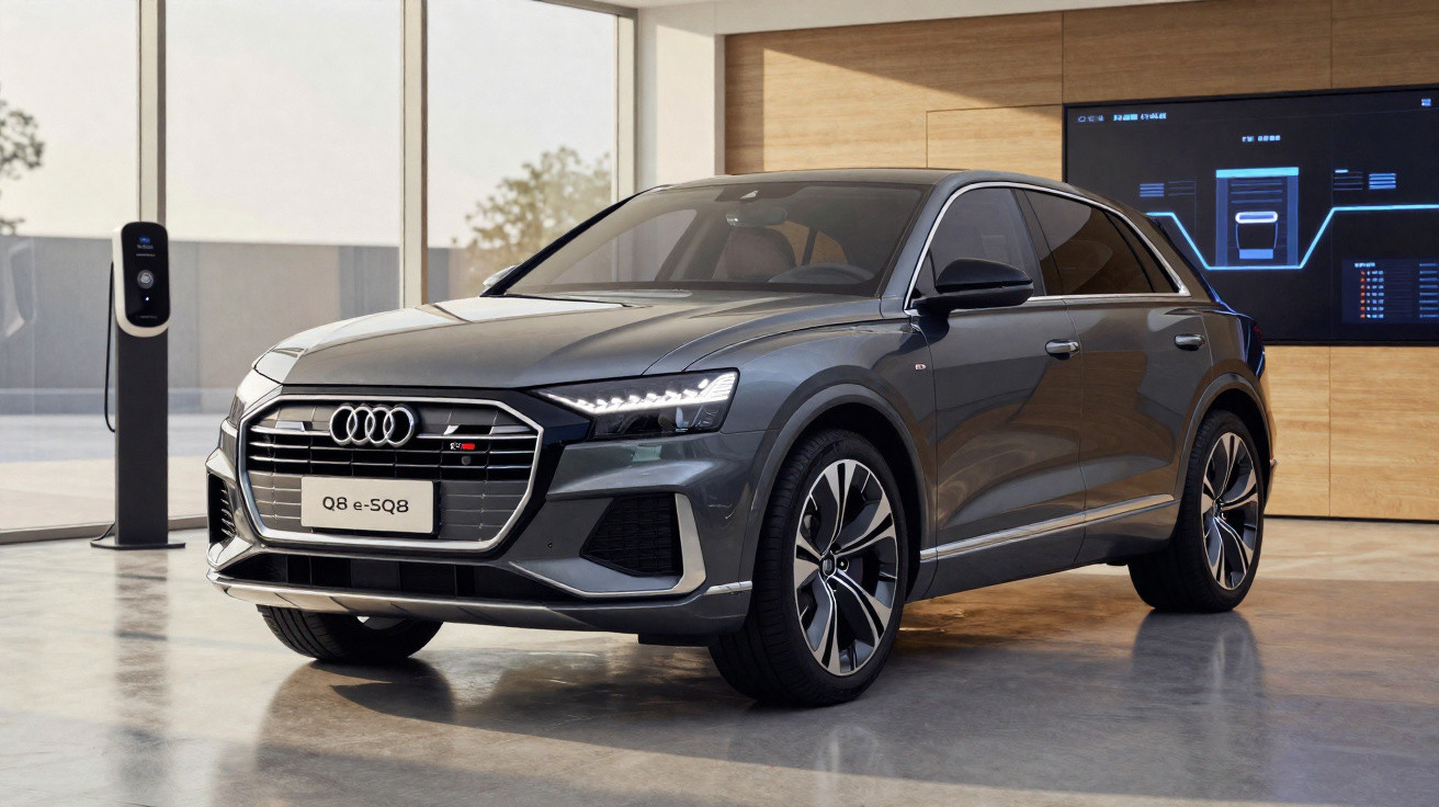 Carro elétrico Audi Q8 e-SQ8 cinzento estacionado numa garagem moderna com estação de carregamento.
