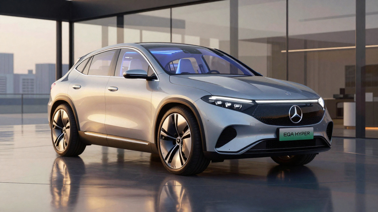 Carro elétrico Mercedes EQA Hyper cinzento estacionado num ambiente moderno e iluminado.