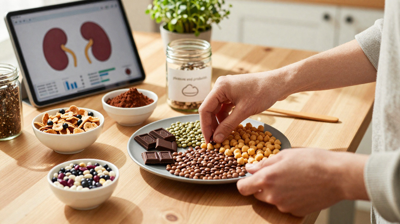 Pessoa a selecionar pedaço de chocolate numa mesa com vários alimentos e ecrã com ilustração de rins ao fundo.