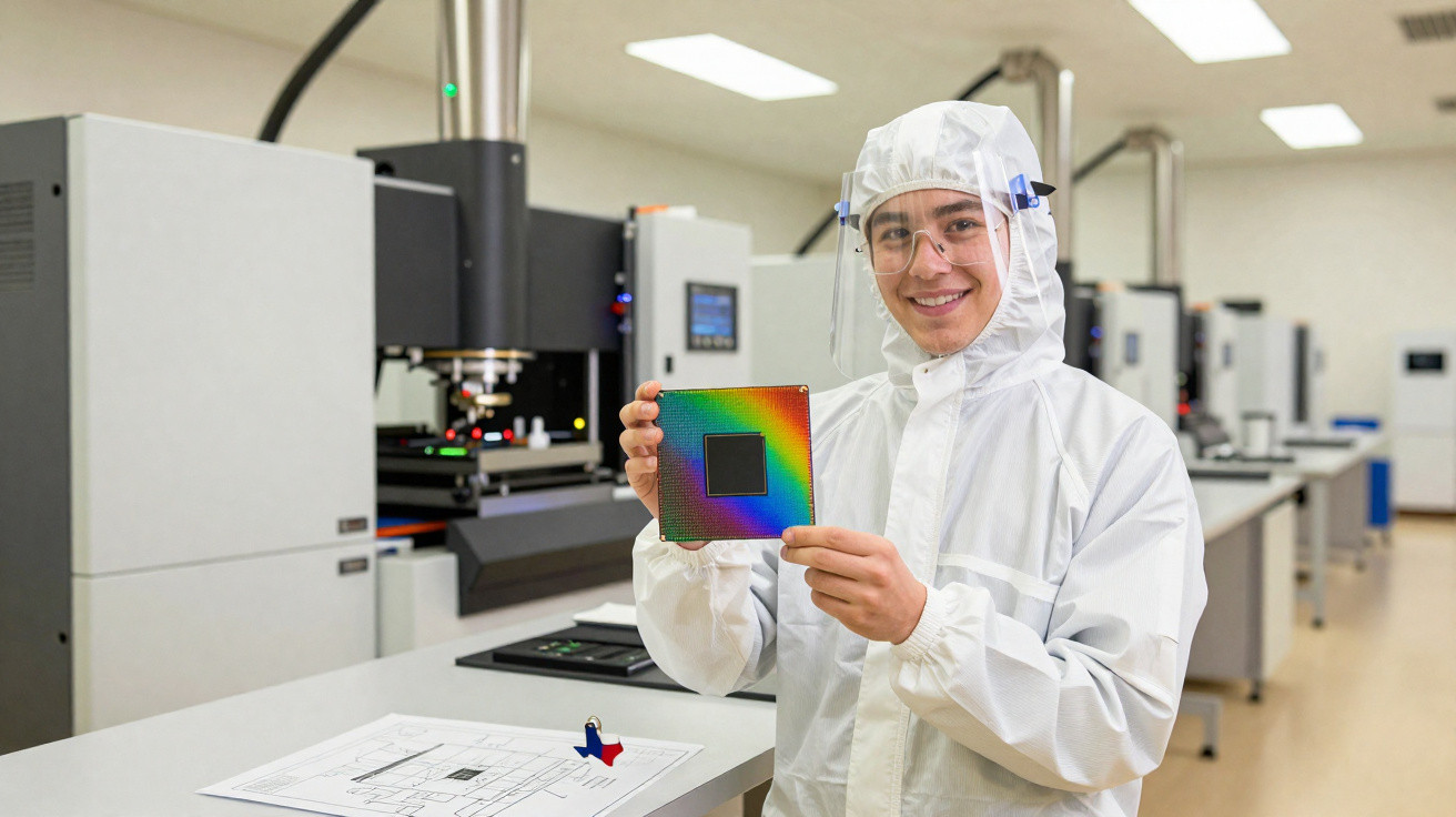 Técnico em equipamento limpo segura chip colorido enquanto sorri em laboratório tecnológico.