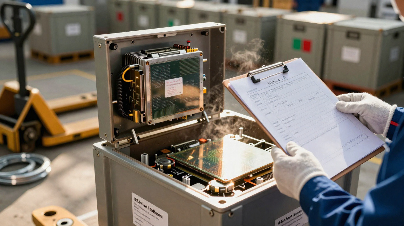 Técnico com luvas a verificar equipamento tecnológico dentro de caixa metálica rotulada "high-tech".