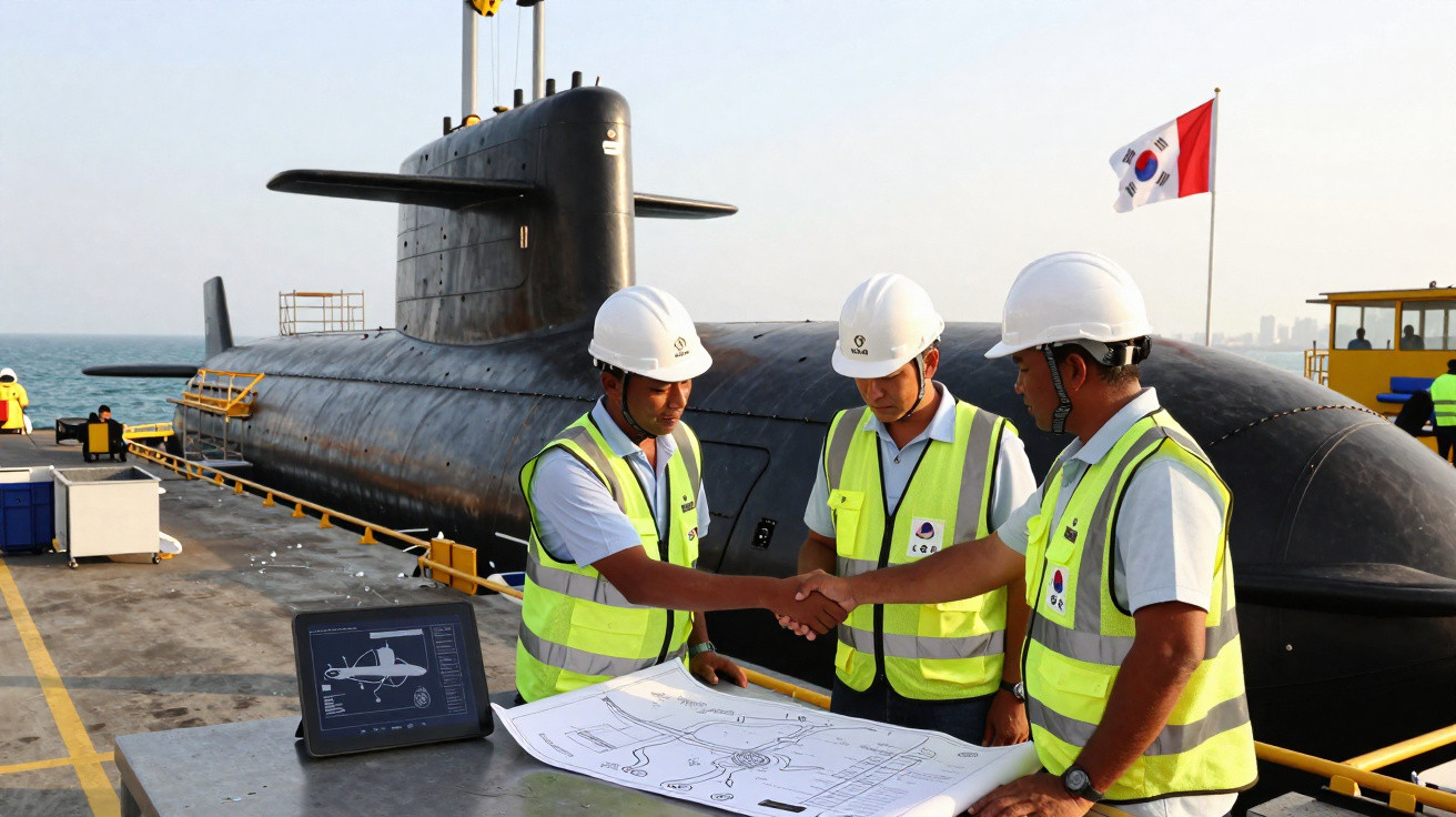 Dois engenheiros com capacetes e coletes de segurança apertam as mãos junto a planta e portátil, submarino ao fundo.