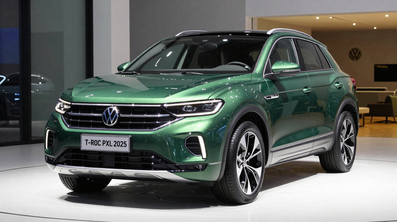 Volkswagen T-Roc verde metálico estacionado em exposição interior com iluminação moderna.