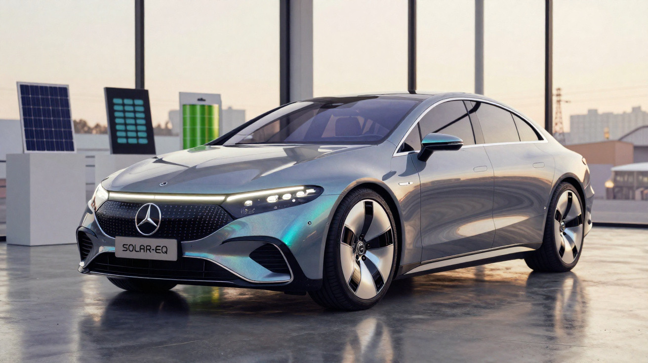 Carro elétrico Mercedes-Benz Solar-EQ estacionado em ambiente moderno com painéis solares ao fundo.