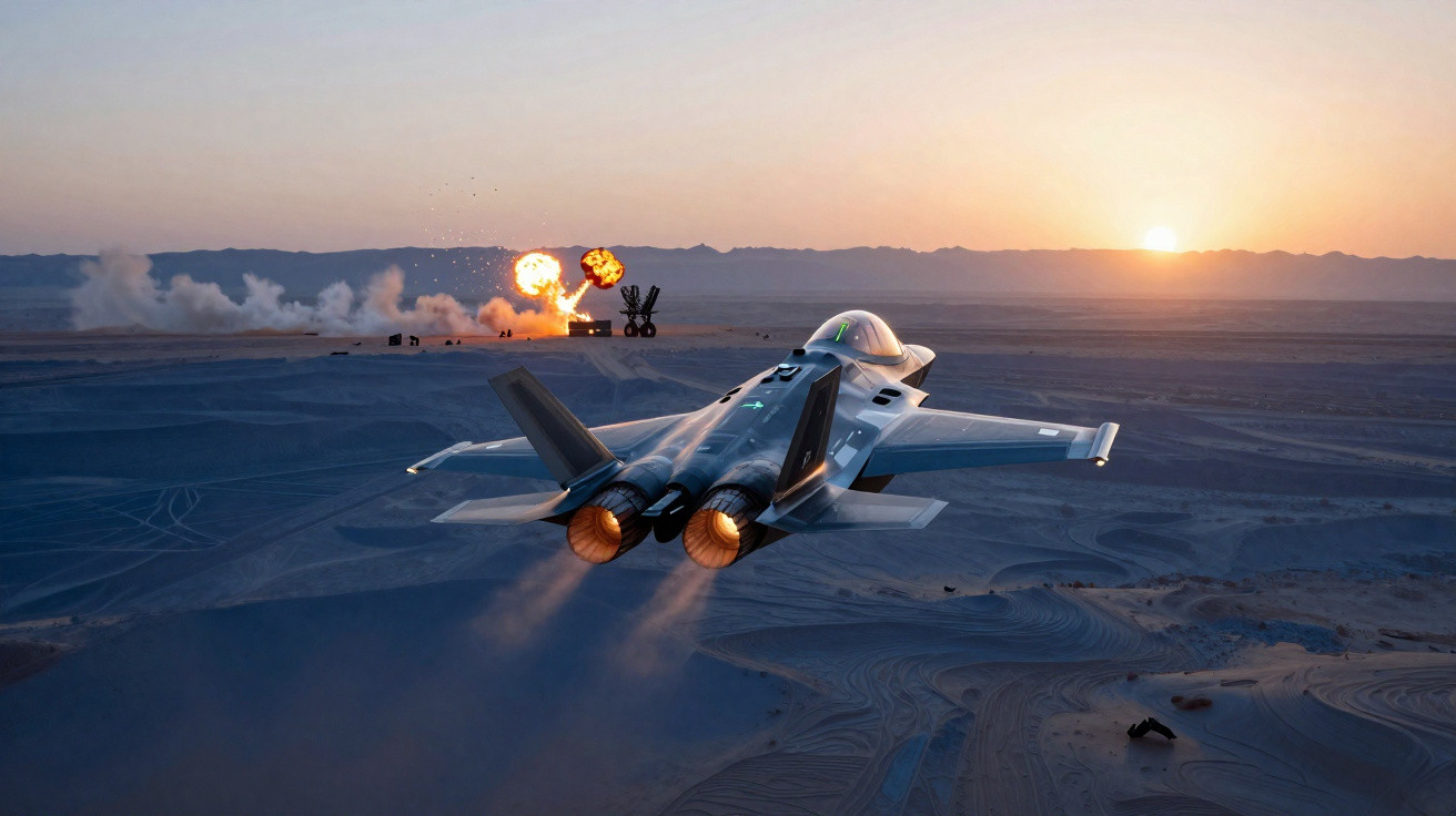 Caça militar a descolar ao pôr do sol, com após a descolagem e chama nos motores.