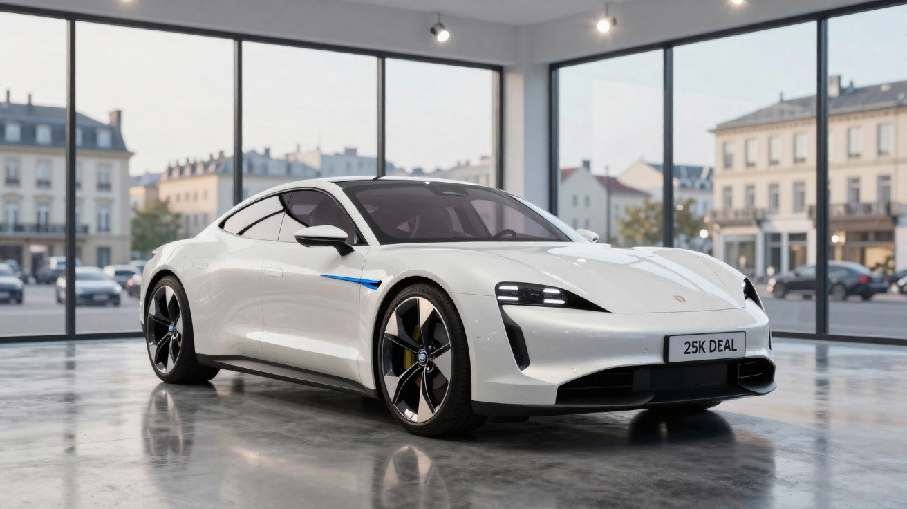 Carro eléctrico desportivo branco em expositor com janelas amplas e edifícios ao fundo.