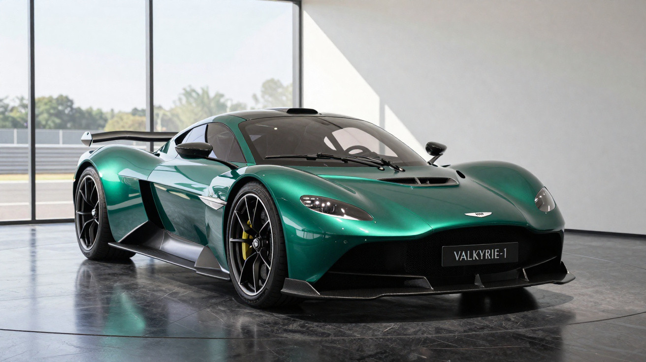 Carro desportivo Aston Martin Valkyrie verde metálico numa sala com chão de mármore e parede de vidro.