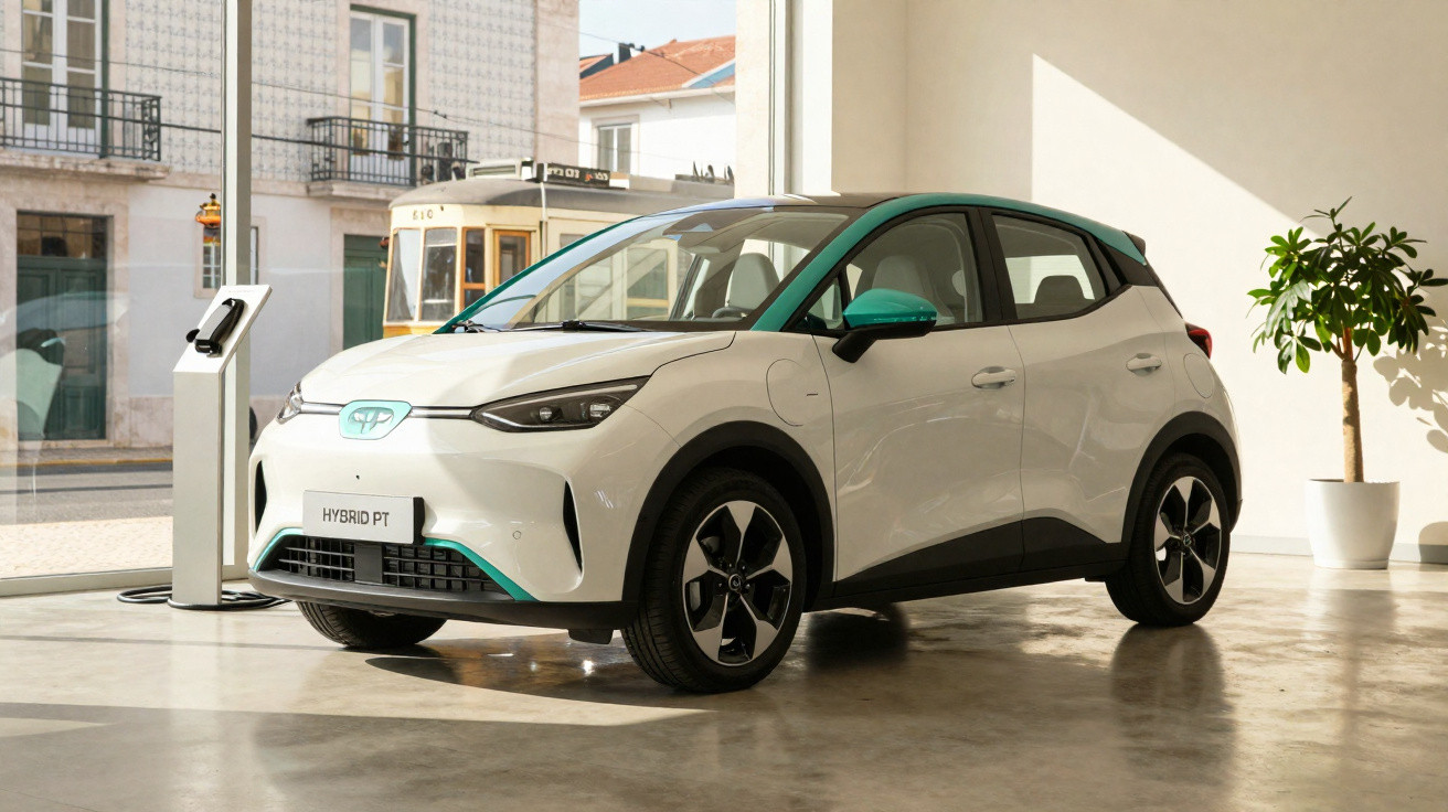 Carro elétrico branco estacionado em showroom com grandes janelas e elétrico a carregar.