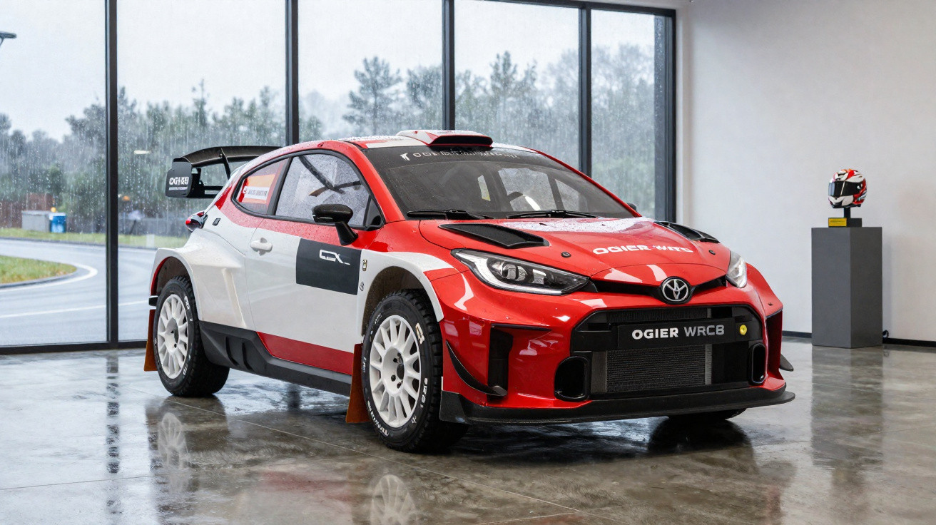 Carro de rali Toyota Gazoo Racing WRC8 estacionado numa sala com chão espelhado e capacete ao fundo.