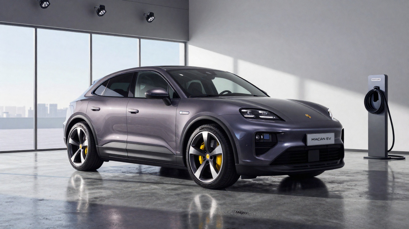 Carro elétrico Porsche Macan EV cinzento estacionado em sala moderna com carregador elétrico ao lado.