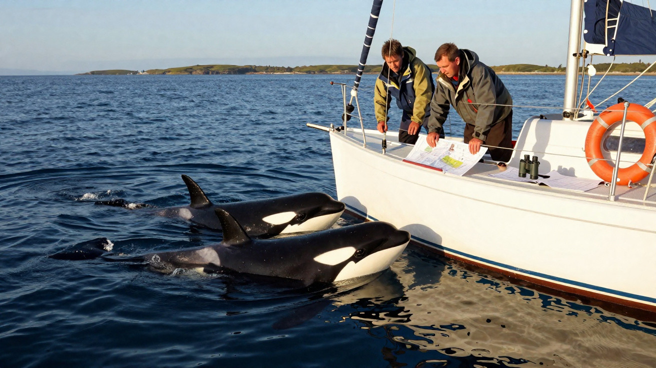 Duas pessoas num veleiro observam um grupo de orcas próximas à embarcação no mar calmo.