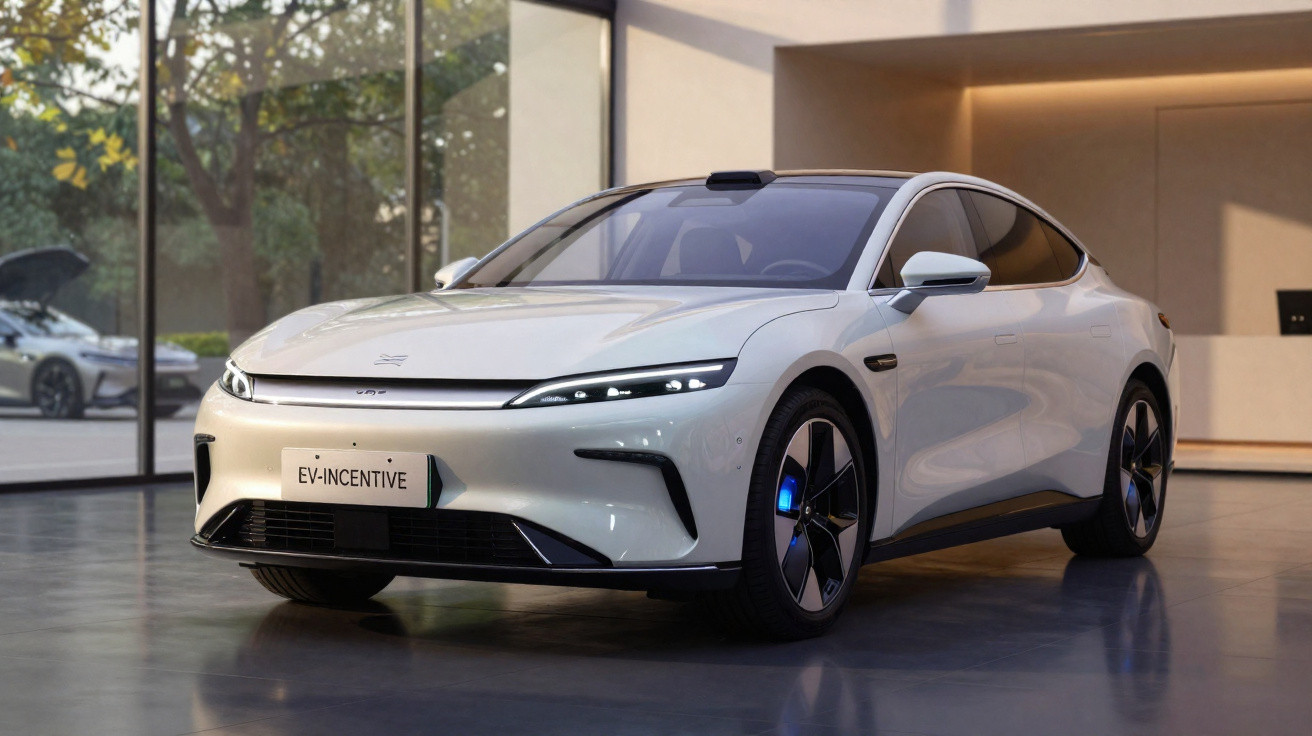 Carro eléctrico branco moderno estacionado num showroom com grande janela e luz natural.