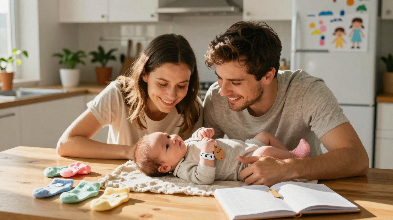 Casal sorridente observa bebé deitado numa manta na cozinha com meias coloridas e livro aberto na mesa.