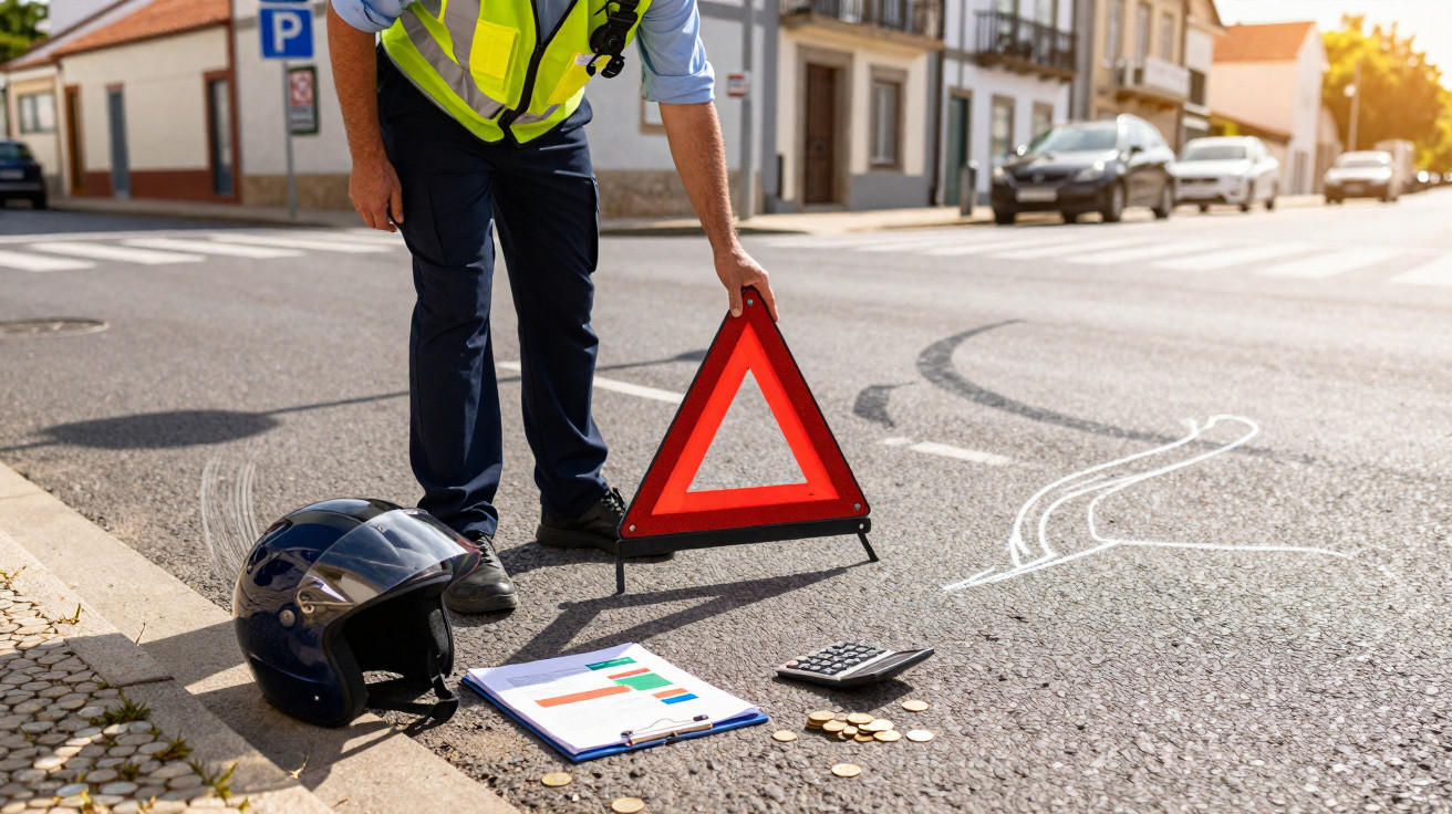 Polícia de trânsito com colete refletor coloca triângulo de sinalização perto de capacete e desenho de acidente na estrada.
